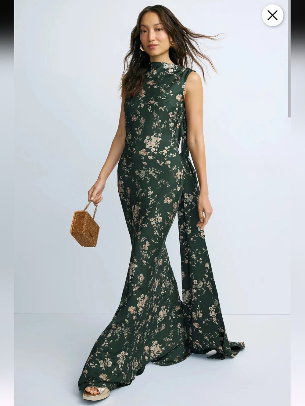 SAU LEE Callie Dark Green Floral High-Neck Evening Gown 2 Small Backless Maxi S